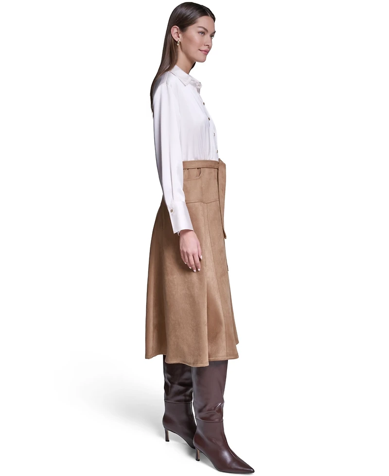 Halston Women's Colorblock A-Line Long-Sleeve Satin & Suede Midi Shirt Dress