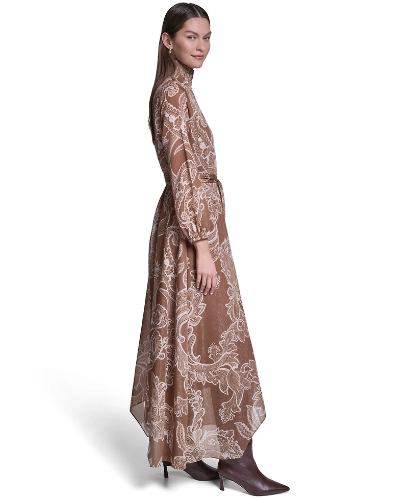 Halston Women's Paisley-Printed Long-Sleeve Chiffon Midi Dress