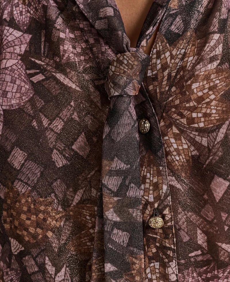 Karl Lagerfeld Paris Women's Tie Neck Sheer Floral Blouse