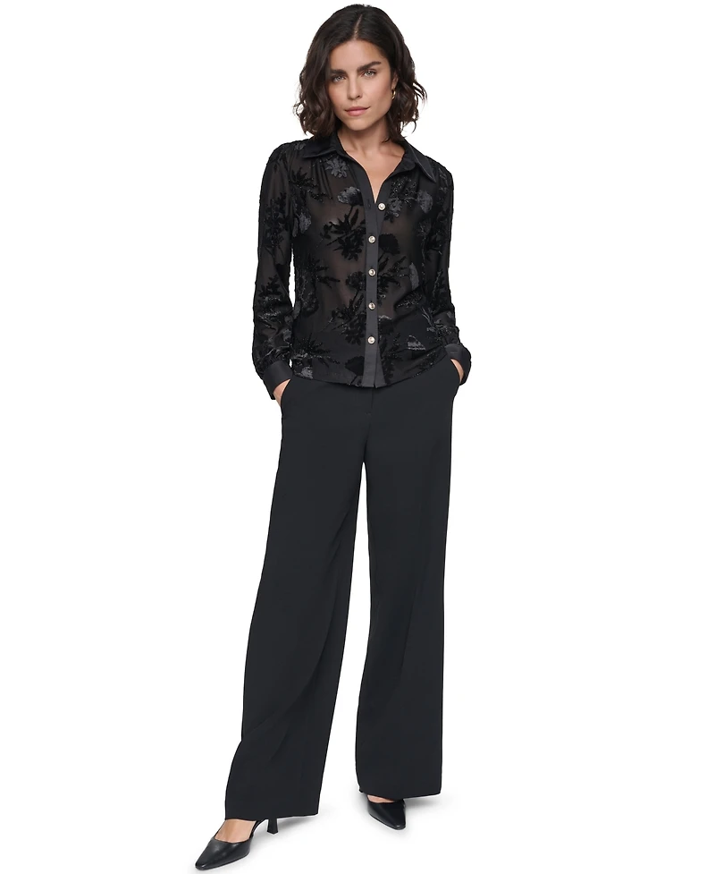 Karl Lagerfeld Paris Women's Long-Sleeve Collared Burnout-Floral Blouse