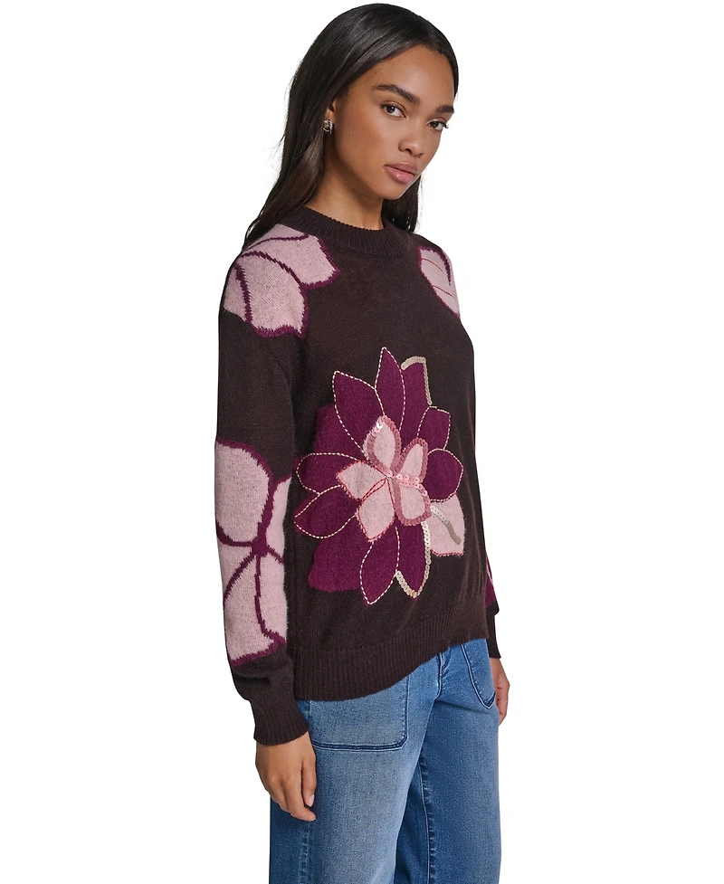 Karl Lagerfeld Paris Women's Big Flowers Floral-Print Sequin Embellished Sweater