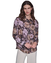 Karl Lagerfeld Paris Women's Floral-Print Long-Sleeve Point-Collar Blouse