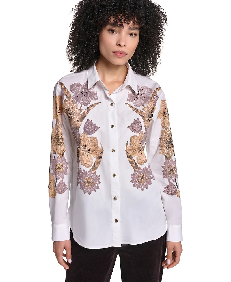 Karl Lagerfeld Paris Women's Floral-Print Long-Sleeve Hotfix Rhinestone Blouse