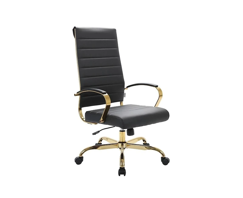 LeisureMod Set of 4 Benmar High-Back Leather Upholstered Swivel Executive Office Chair with Gold Accents, Adjustable, and Tilt