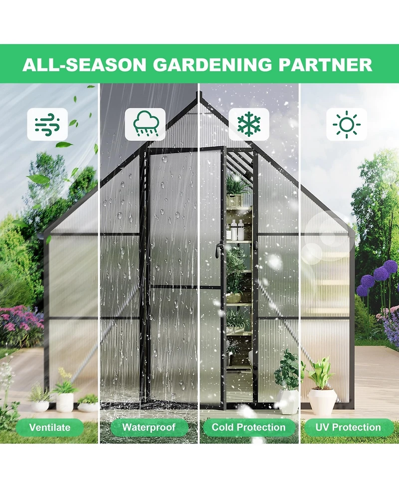 8x14 Ft Walk-In Greenhouse, Aluminum Frame with Polycarbonate Panels for Patio Backyard All-Season Plant Growing, Green/Black