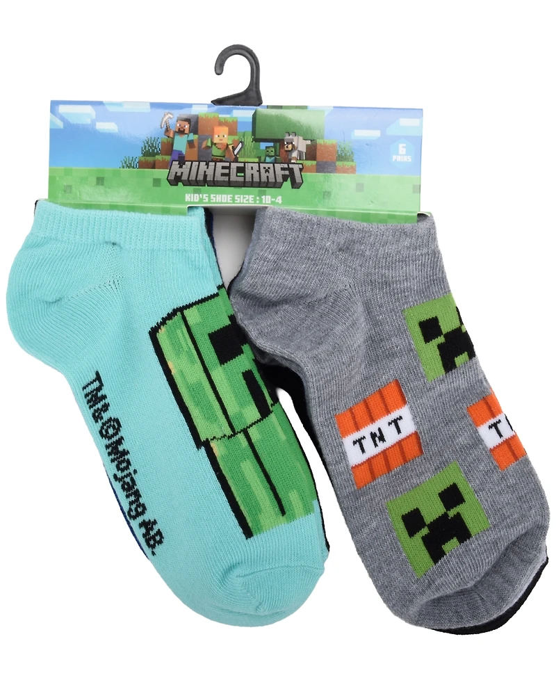 Planet Sox Boys' 4-20 Minecraft No Show Socks, 6-Pack