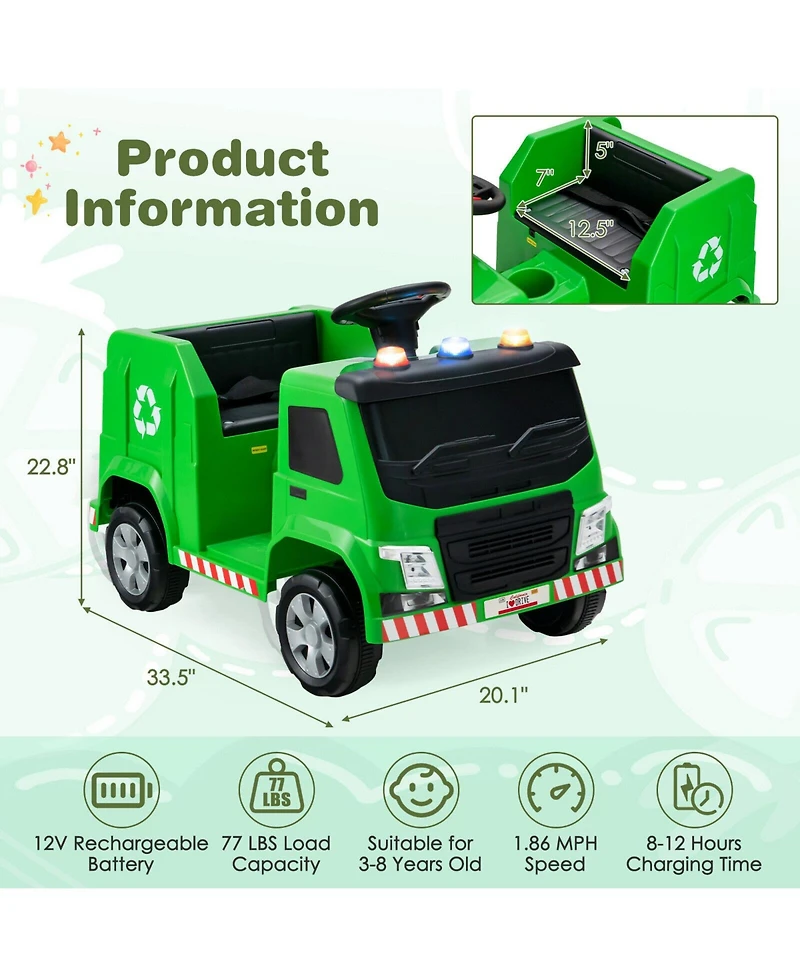 Volenca 12V Garbage Truck Remote Control Ride-On with Warning Lights, Up to 77 lbs, Ages 3-8