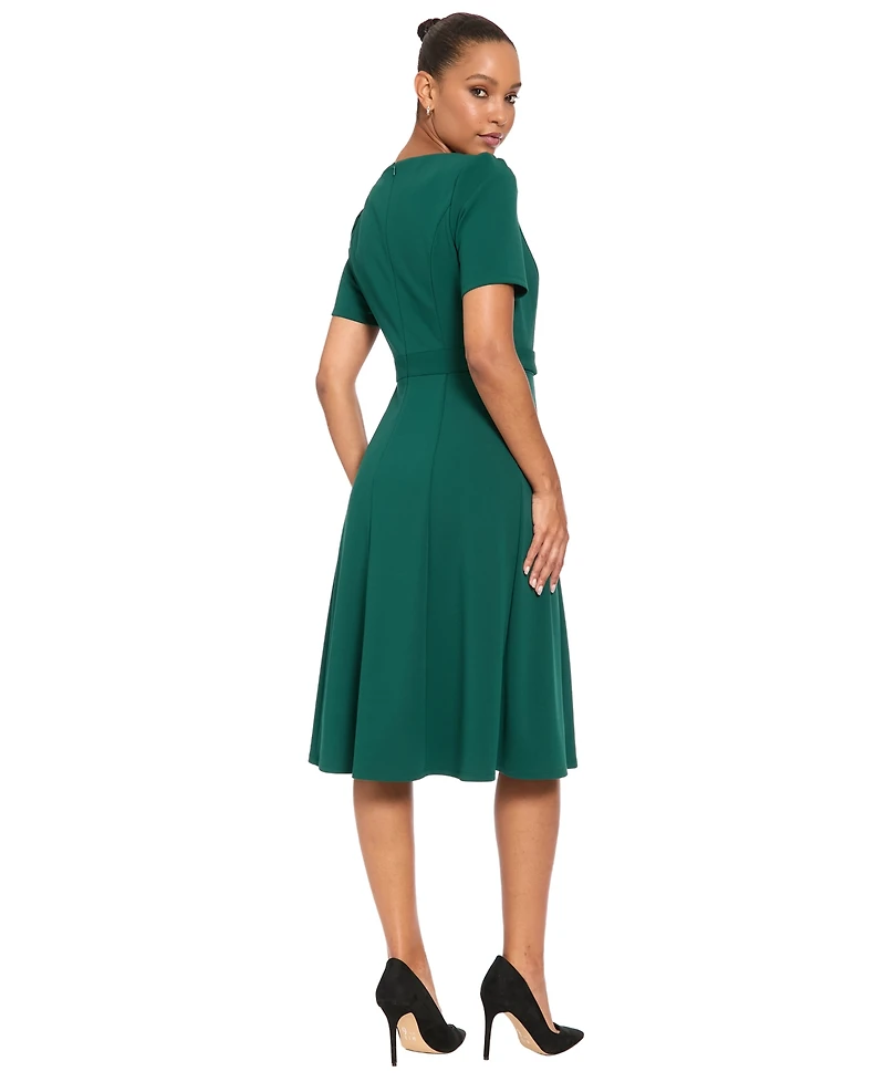 London Times Women's A-Line Belted Midi Dress