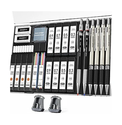 Four Candies 27Pieces Mechanical Pencil Set with Case, 0.3/0.5/0.7/0.9mm and 2mm Leads, Technical Drawing Kit
