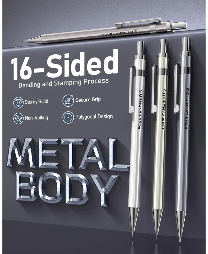Four Candies 4Pieces Metal Mechanical Pencil Set 0.5mm, 480 Leads 12 Erasers with Case for School Art Drawing