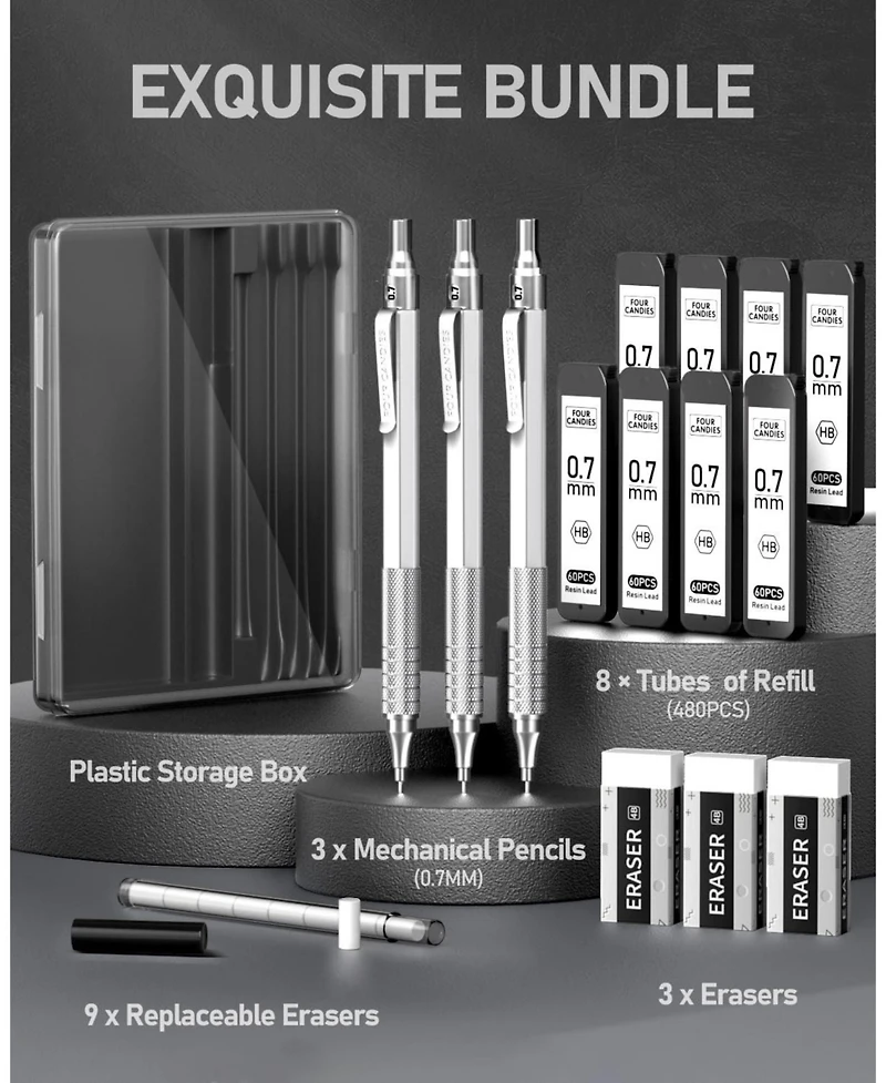 Four Candies 0.7mm Mechanical Pencil Set with Case, 3Pieces Metal with 480 Hb Lead Refills and Erasers