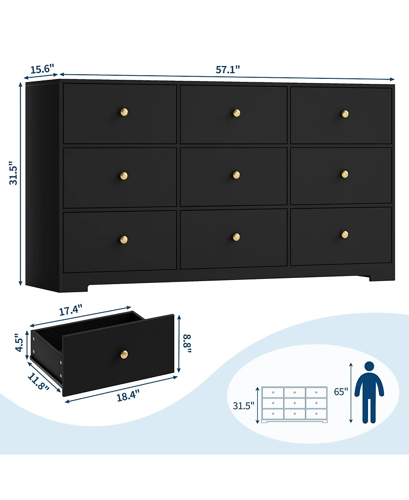 homfan 9-Drawer Dresser, 57" Engineered Wood Chest of Drawers with Anti-Tip Device & Waterproof Tabletop, for Bedroom Living Room