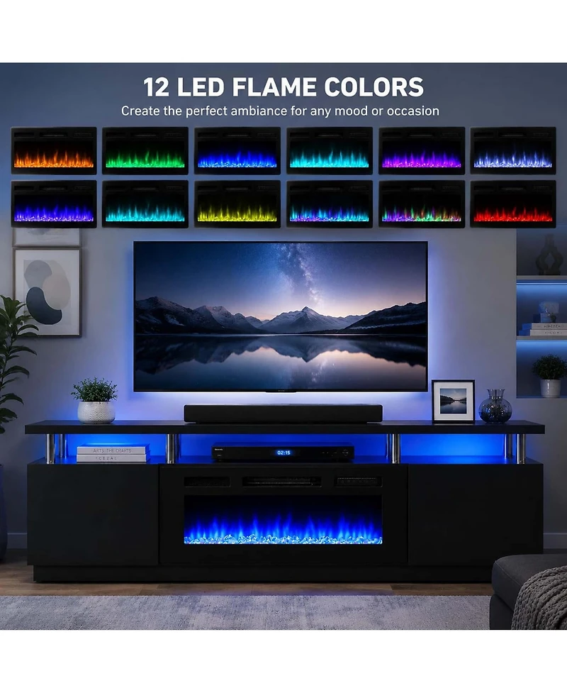 homfan 70 Inch Black Fireplace Tv Stand 36 Electric 2 Tier Media Console 12 Flame Colors 750W 1500W Heater Mdf Iron Glass