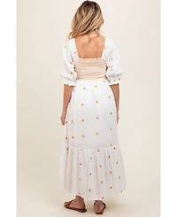 Pinkblush Women's Ivory Gauze Smocked Embroidered Square Neck Midi Dress