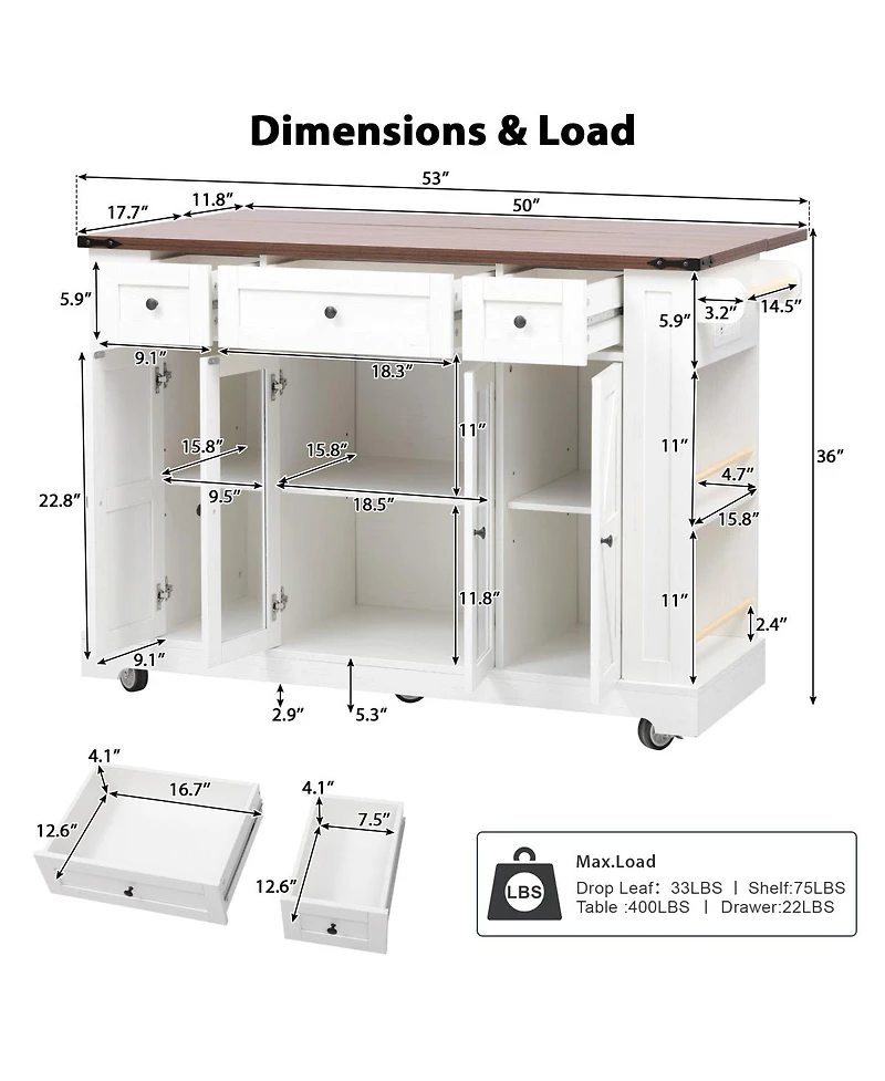 Streamdale Furniture 53" Farmhouse Kitchen Island with Glass Doors, Power Outlet and Drop Leaf