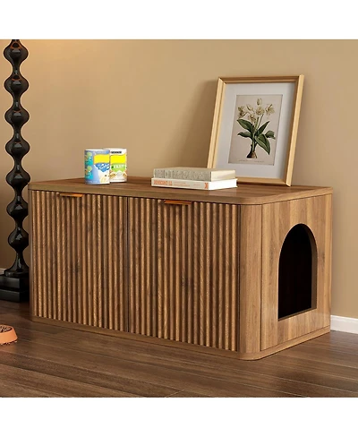 6thdruple 31.5" Modern Walnut Cat Litter Box Enclosure, Hidden Litter Cabinet with Fluted Design