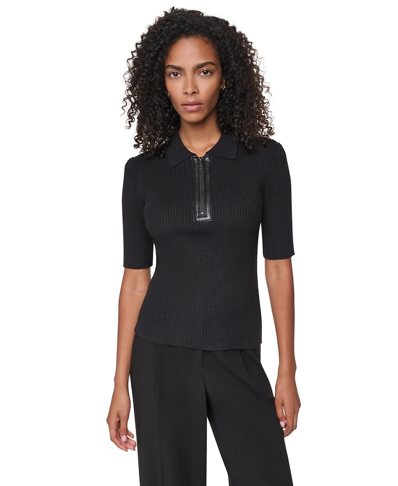 Dkny Women's Polo Short-Sleeve Ribbed-Knit Zip-Front Sweater