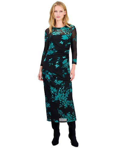 Anne Klein Petite Mesh Side Ruche Floral Midi Dress
