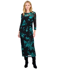Anne Klein Petite Mesh Side Ruche Floral Midi Dress