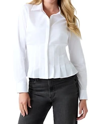 Guess Women's Serena Long Sleeve Collared Pleated Peplum Cotton-Blend Blouse