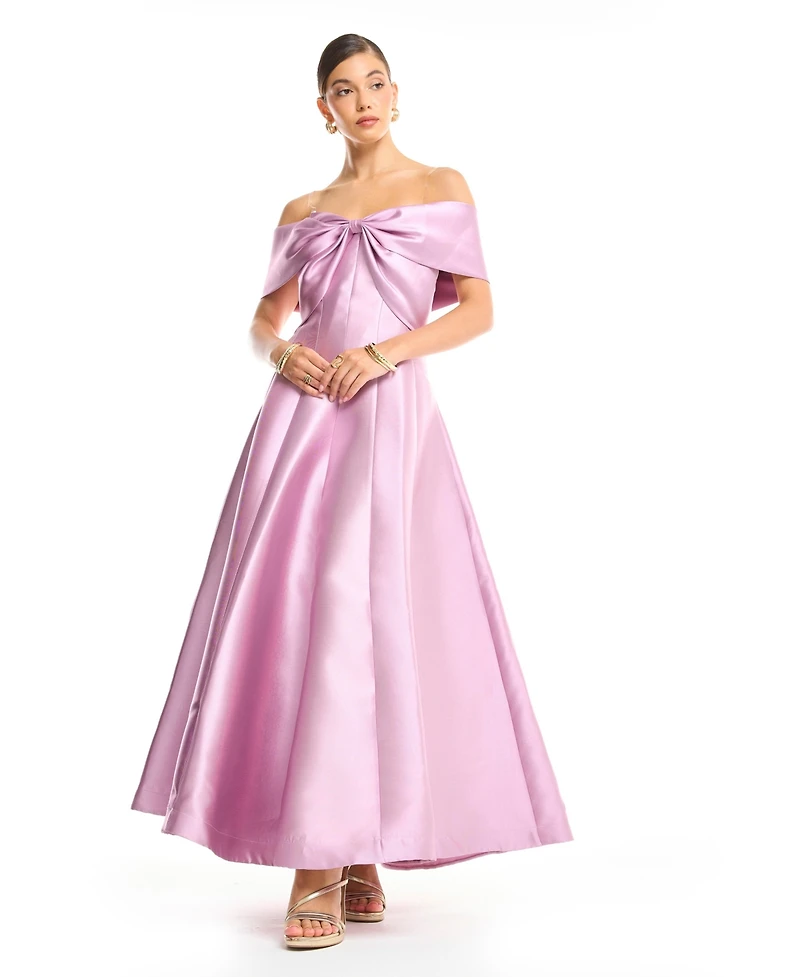 Amri Women's Off-Shoulder Bow Front Tea-Length Midi Dress Satin