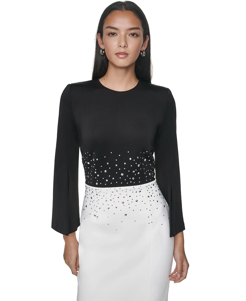 Calvin Klein Women's Colorblock Rhinestone Bell-Sleeve Midi Dress