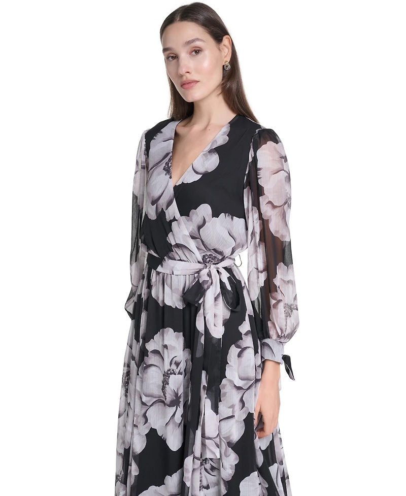 Calvin Klein Women's Floral-Print V-Neck Bishop-Sleeve Midi Dress