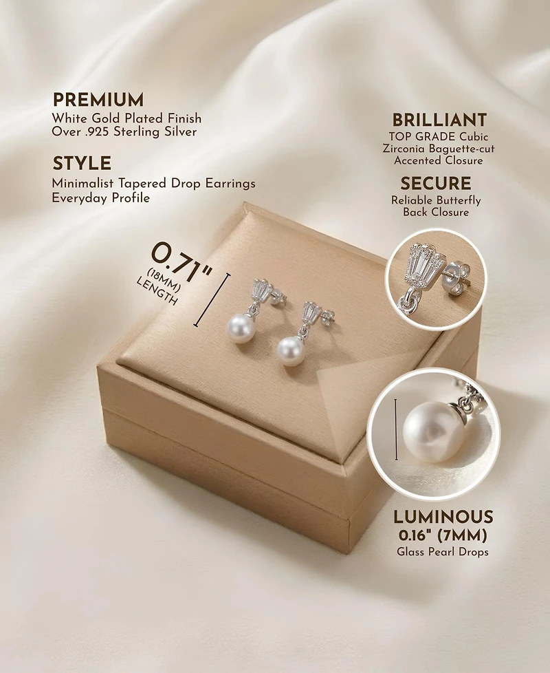 Gv Sterling Silver White Gold Plated White Round Freshwater Pearl with Clear Baguette Cubic Zirconia Drop Earrings