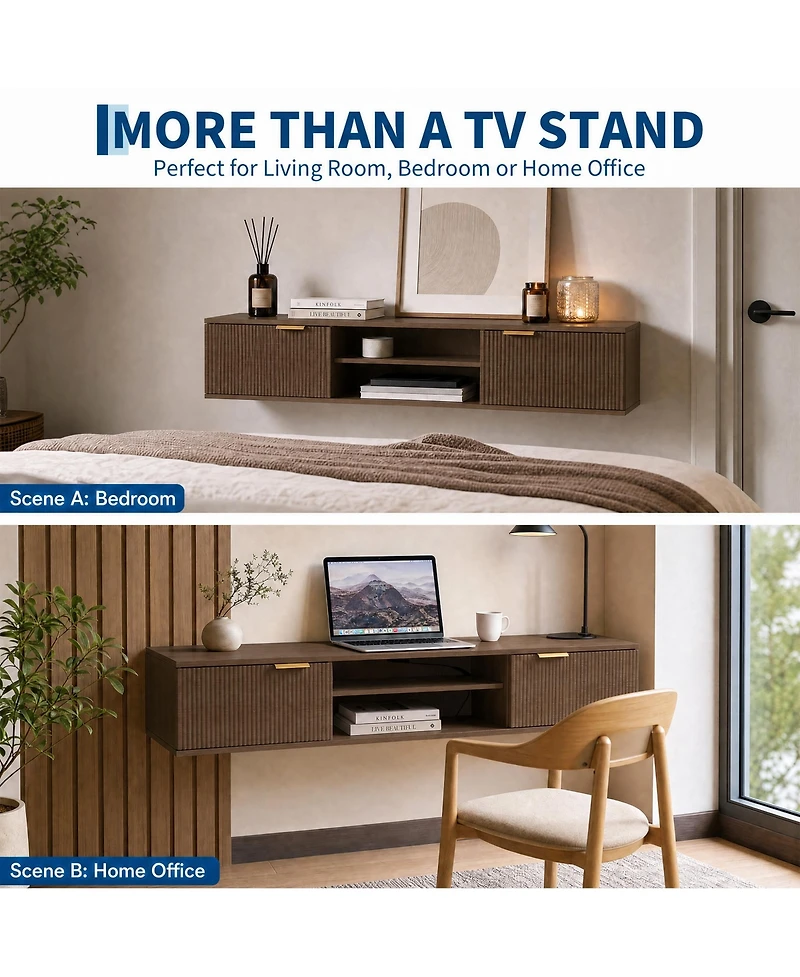 70" Floating Tv Stand, Wall-Mounted Entertainment Center for Tv, Fluted Modern Design - Console Cabinet Shelf Living Room