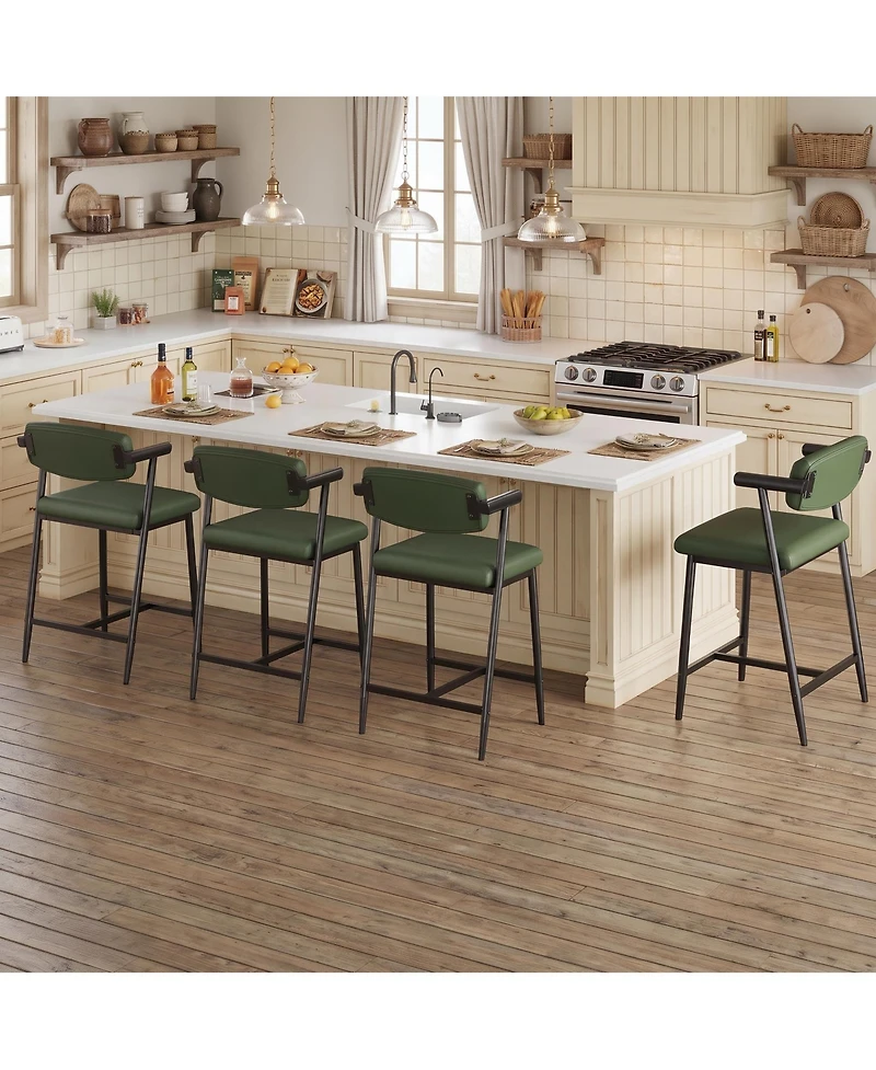 Modern Counter Height Bar Stools Set of 6 with Arms and Back, Upholstered Wide Seat, Ergonomic Metal Frame, Footrest, Easy Assembly
