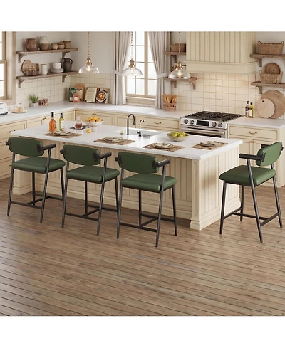 Modern Counter Height Bar Stools Set of 6 with Arms and Back, Upholstered Wide Seat, Ergonomic Metal Frame, Footrest, Easy Assembly
