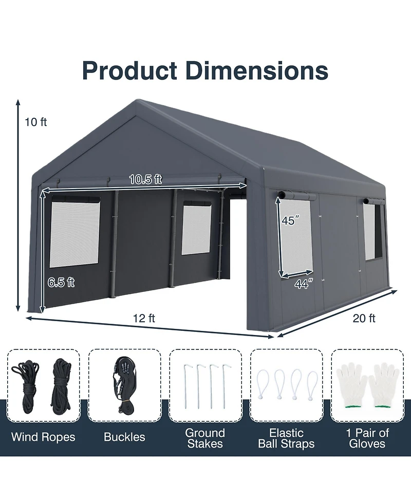 Gymax 10x20 Ft Portable Garage 2 Doors and 4 Roll Up Mesh Windows Pe Cover for Car