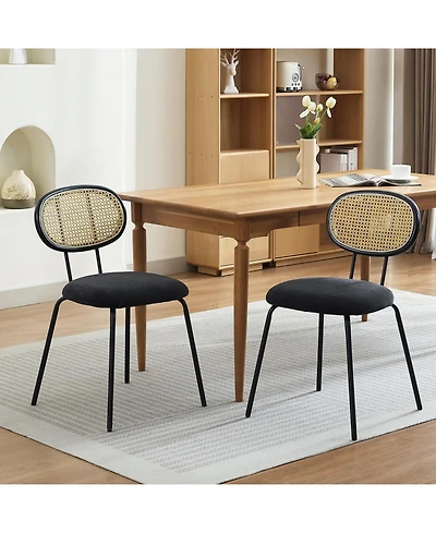 homfan Dining Chairs Set of 2, Mid-Century Modern Velvet Upholstered Chairs with Rattan Backrest and Metal Legs, for Kitchen, Living Room, Reception