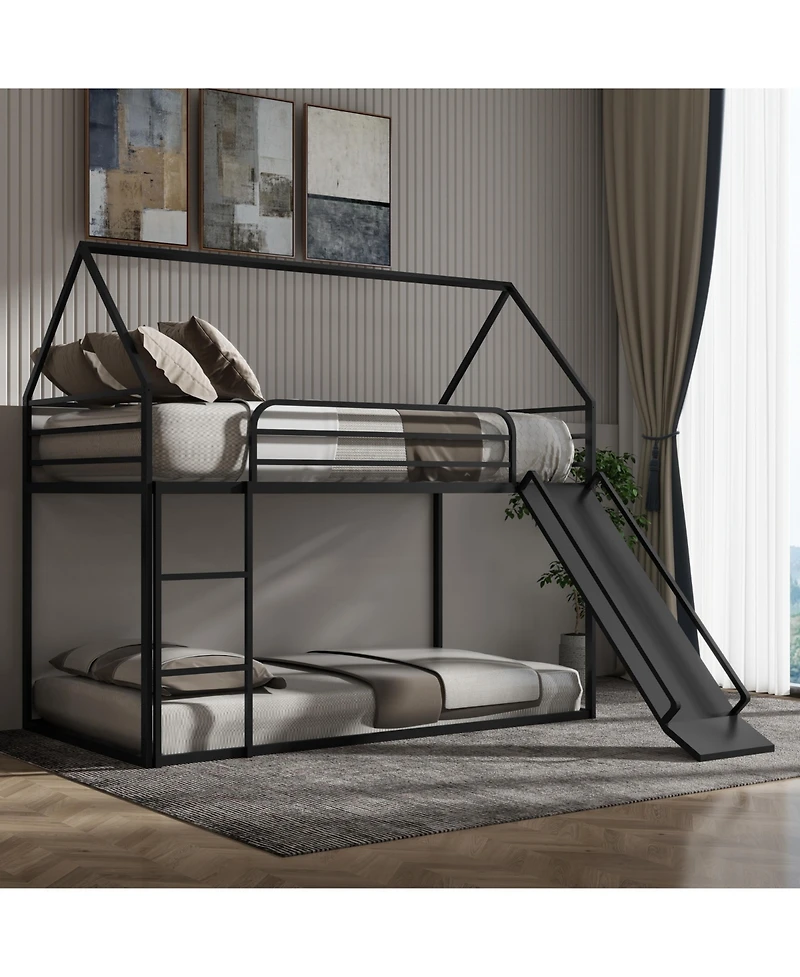 Slickblue Twin Over Kids House Bed with Bunk Design and Safety Guardrails