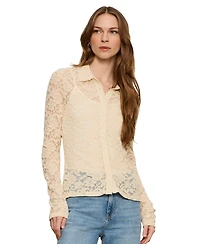 Sanctuary Women's Petite Dreamer Lace Long-Sleeve Button-Up Blouse