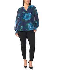 Vince Camuto Plus Split-Neck Floral-Print Long-Sleeve Blouse