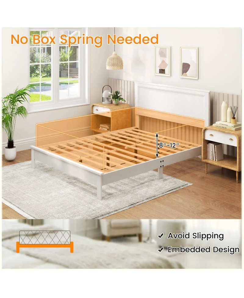 Gouun Queen Size Platform Bed Frame with High Slatted Headboard and Rubber Wood Legs