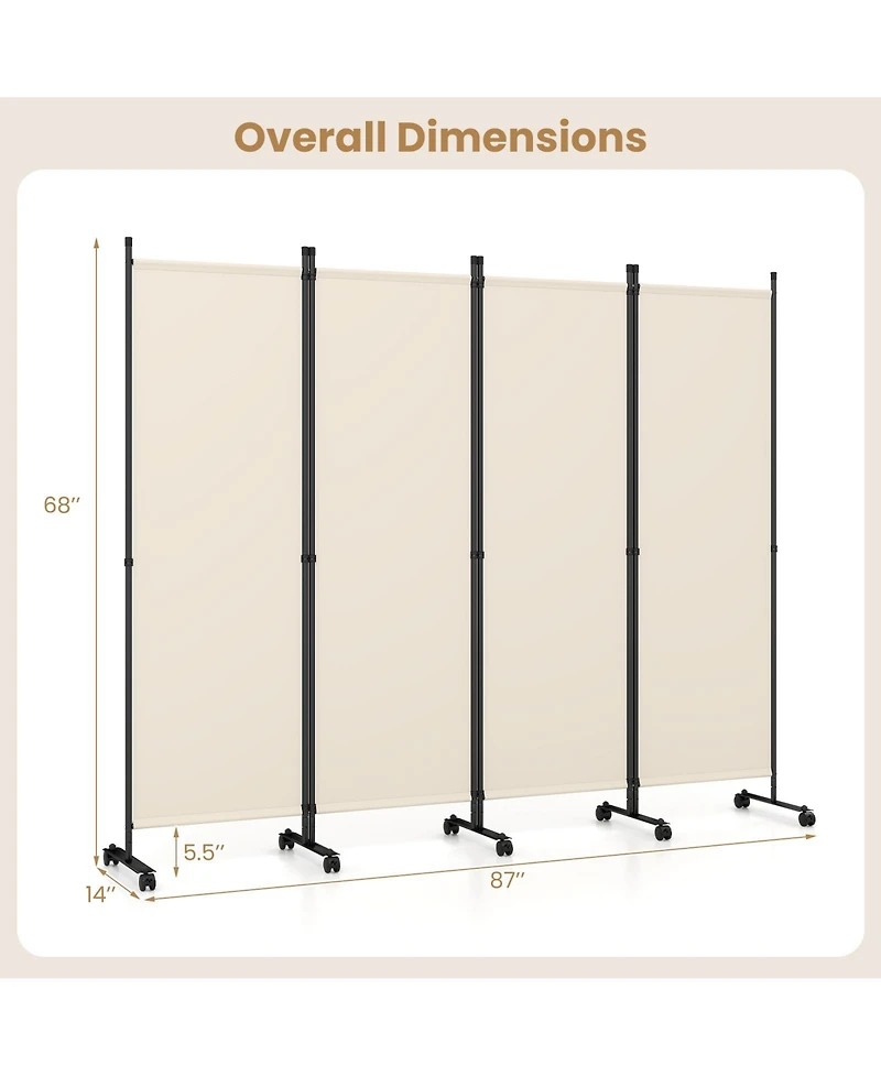 Gymax 4-Panel Room Divider 5.7 Feet Tall Folding Privacy Screen with Lockable Wheels