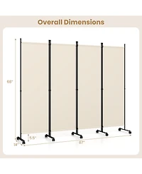 Gymax 4-Panel Room Divider 5.7 Feet Tall Folding Privacy Screen with Lockable Wheels