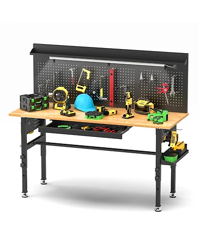 Streamdale 60" Workbench with Solid Wood Top, Drawers, Power Outlet, and Led Light