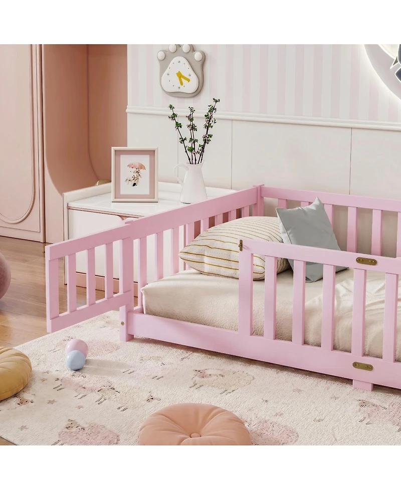 Streamdale Furniture Twin Size Wood Floor Bed with Fence and Door