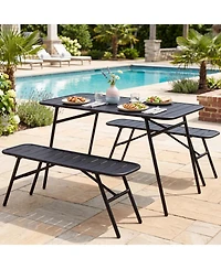 Sugift 3-Piece All-Metal Outdoor Dining Set with Slatted Table and 2 Benches