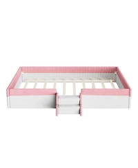 Streamdale Furniture Queen Upholstered Floor Bed with Fence, Steps and Led Lights