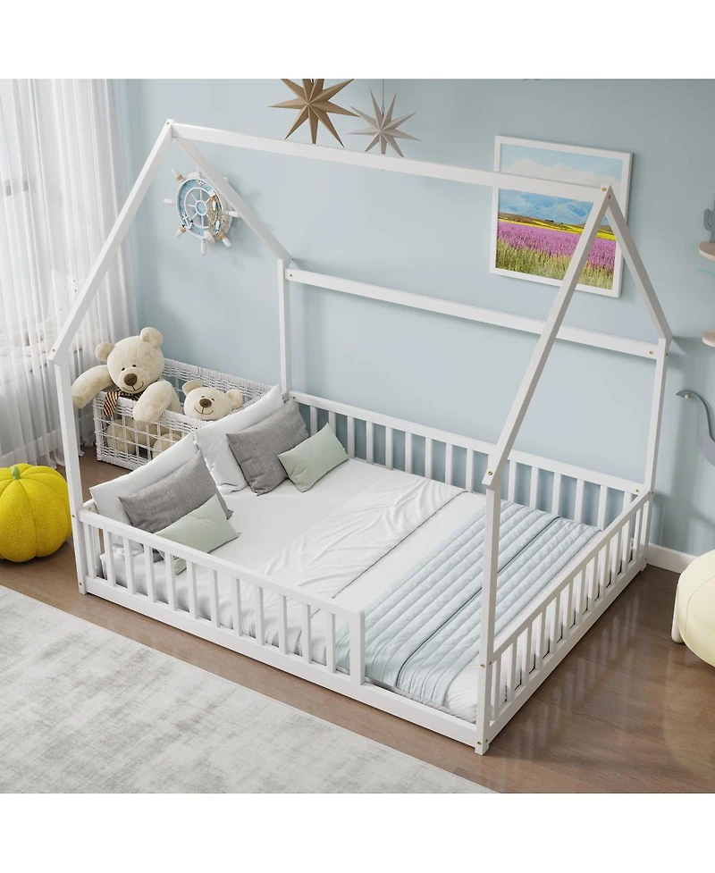 Streamdale Furniture Full Size House Floor Bed with Roof and Guardrails