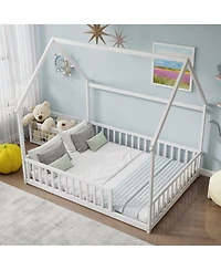 Streamdale Furniture Full Size House Floor Bed with Roof and Guardrails
