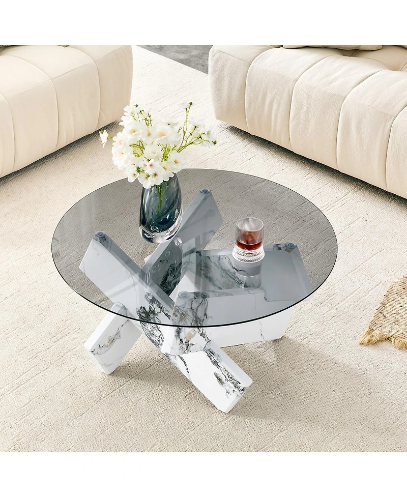 Streamdale Furniture Artistic Cross X-Shaped Tempered Glass and Marble Coffee Table