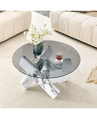 Streamdale Furniture Artistic Cross X-Shaped Tempered Glass and Marble Coffee Table
