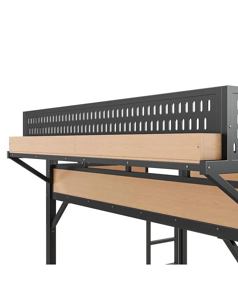 Streamdale Furniture Full Size Metal Loft Bed with Slide, Wardrobe, Usb, Led and Pegboard