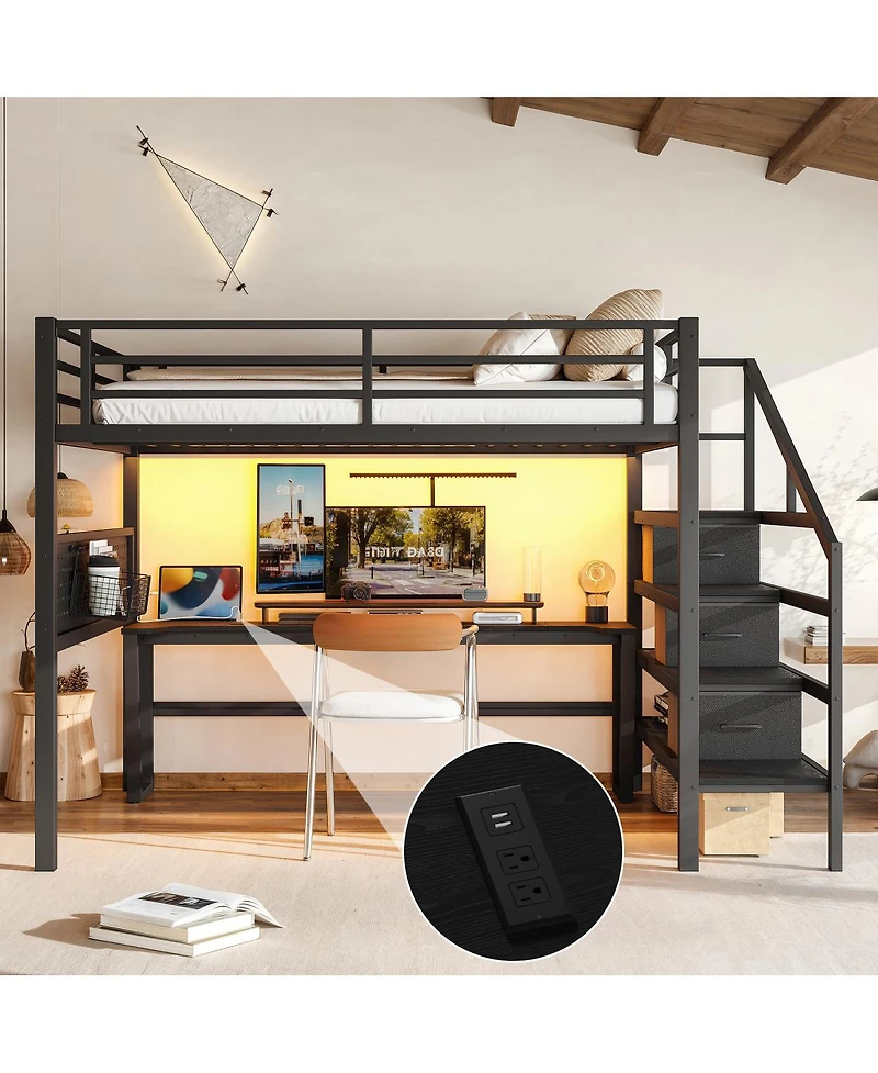 Streamdale Furniture Queen Metal Loft Bed with Desk, Stairs, Led and Storage Drawers