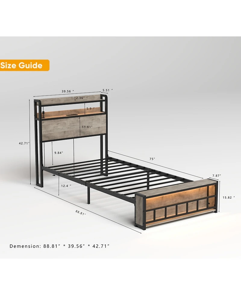 Slickblue Twin Bed Frame with Headboard, Charging Station and Led Lights